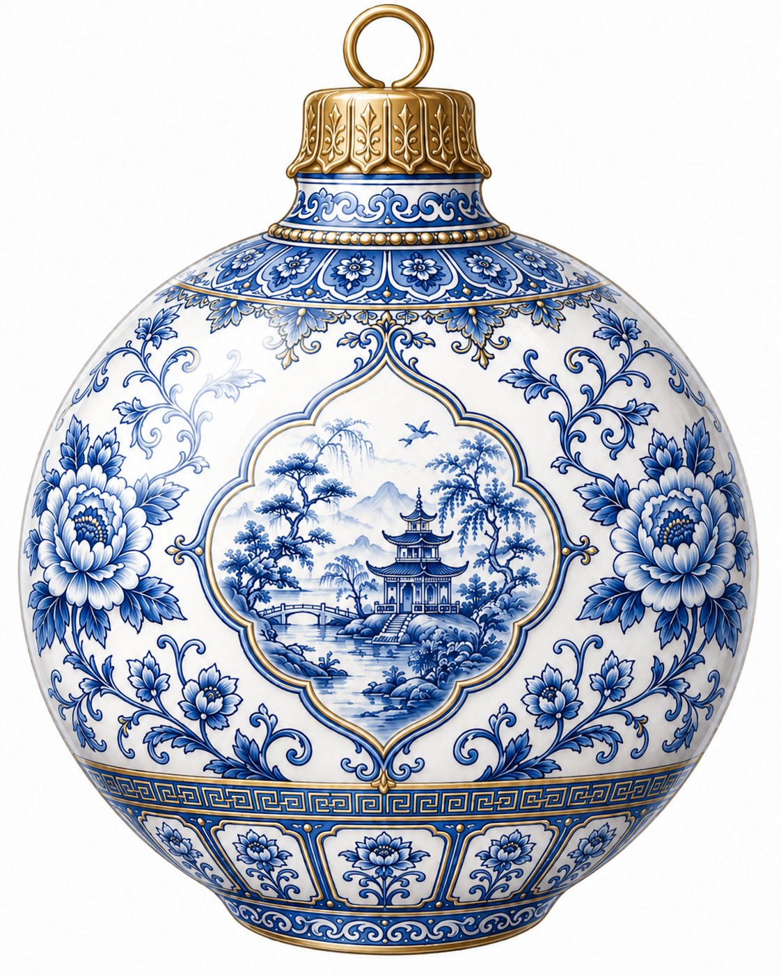 Blue Chinoiserie Pagoda Cartouche 22" Wood Door Hanger - PS-W-0270-DH-22