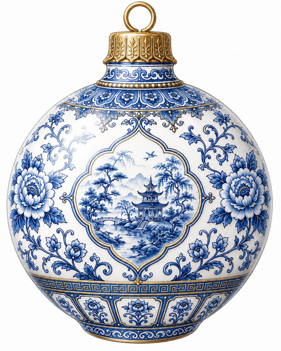 Blue Chinoiserie Pagoda Cartouche 22" Wood Door Hanger - PS-W-0270-DH-22