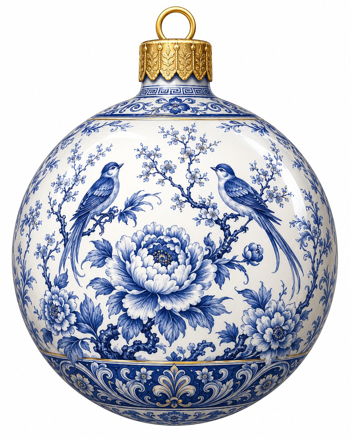 Blue Chinoiserie Songbirds Peony 12" Wood Wreath Sign - PS-W-0271