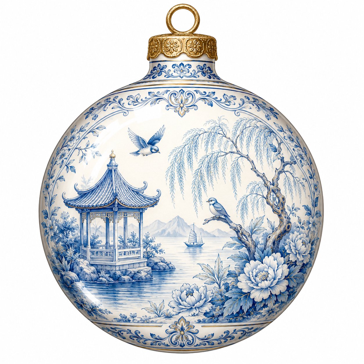 Blue Chinoiserie Lakeside Pagoda 12" Wood Wreath Sign - PS-W-0272