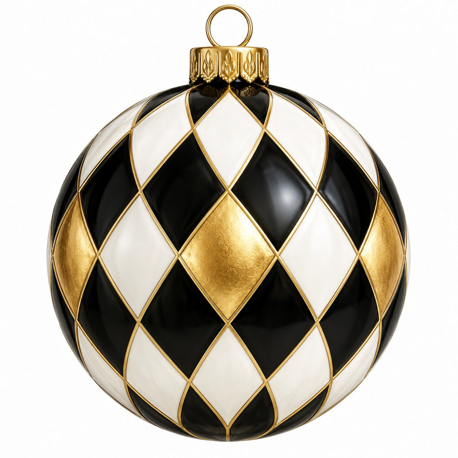 Black White Gold Harlequin Ornament 22" Wood Door Hanger - PS-W-0318-DH-22
