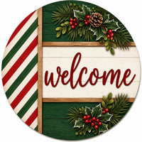 Thumbnail for Welcome Green Shiplap Candy Stripe 10" Wood Wreath Sign - PS-W-0359