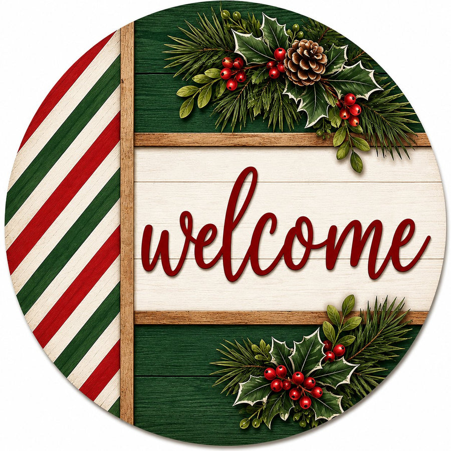 Welcome Green Shiplap Candy Stripe 10" Wood Wreath Sign - PS-W-0359