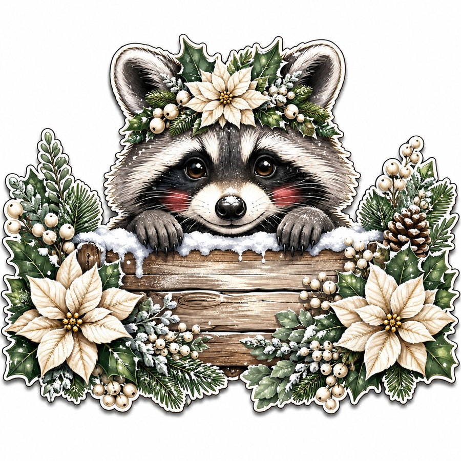 Christmas Raccoon Poinsettia Peeker 12" Wood Wreath Sign - PS-W-0360