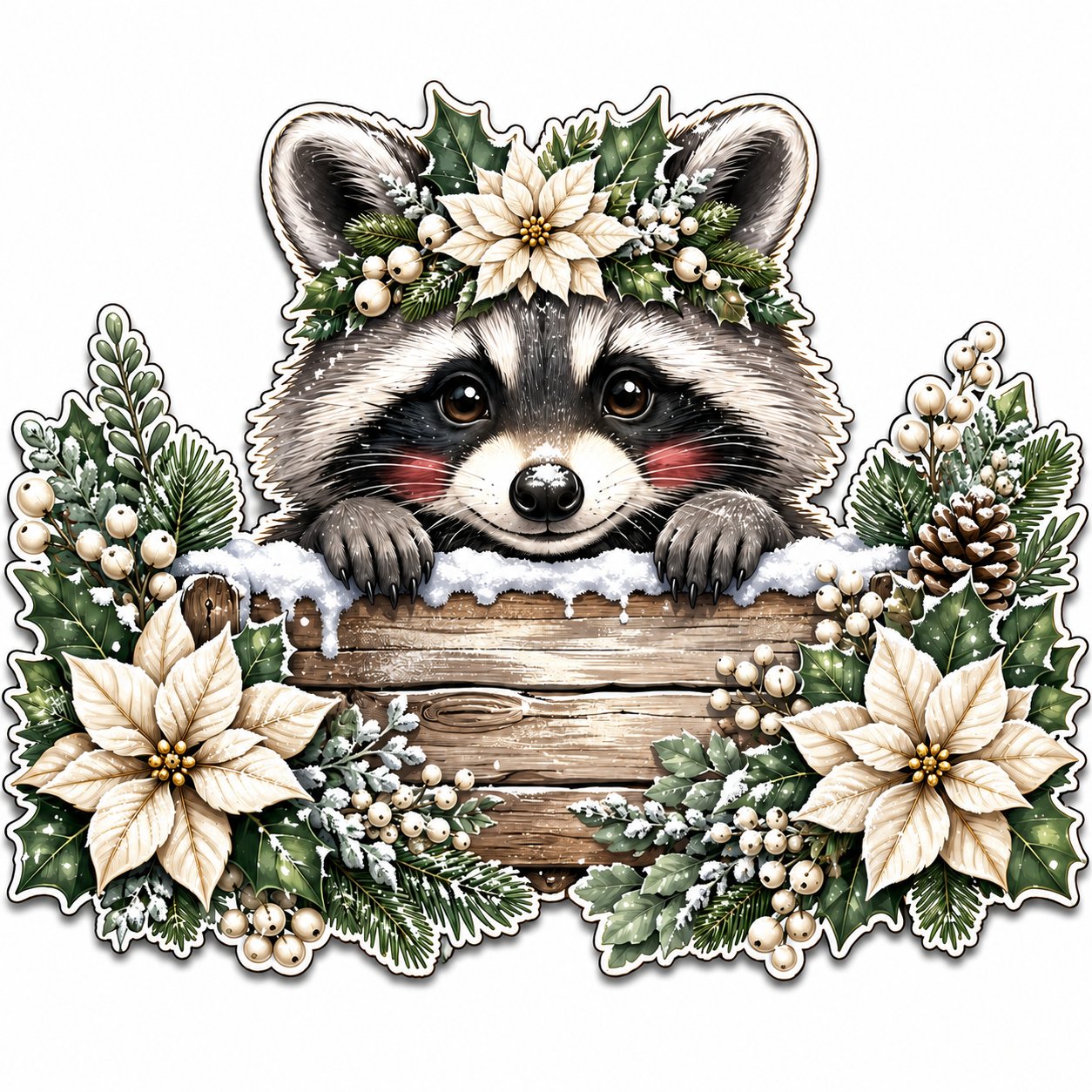 Christmas Raccoon Poinsettia Peeker 22" Wood Door Hanger - PS-W-0360-DH-22