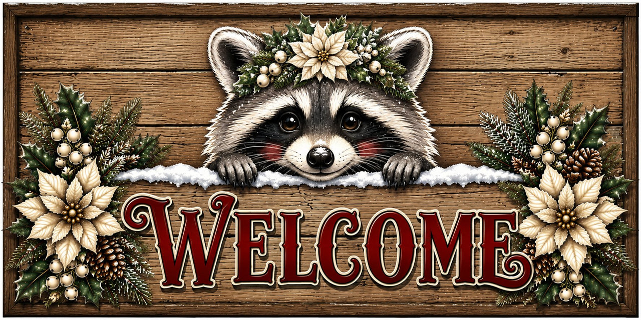 Welcome Christmas Raccoon 6x12" Wood Wreath Sign - PS-W-0361