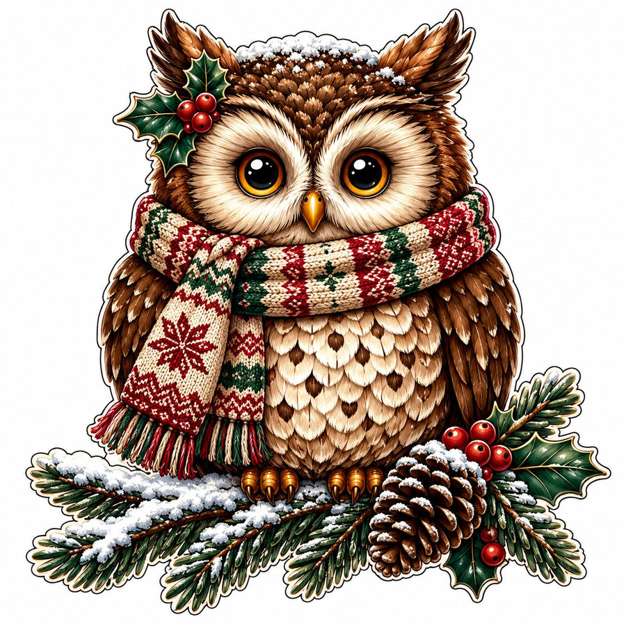 Christmas Owl Knit Scarf 22" Wood Door Hanger - PS-W-0362-DH-22