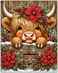Thumbnail for Christmas Highland Cow Poinsettia 8x10" Wood Wreath Sign - PS-W-0363