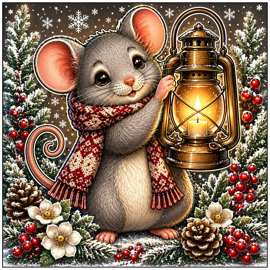 Christmas Mouse With Lantern 10x10" Wood Wreath Sign - PS-W-0364
