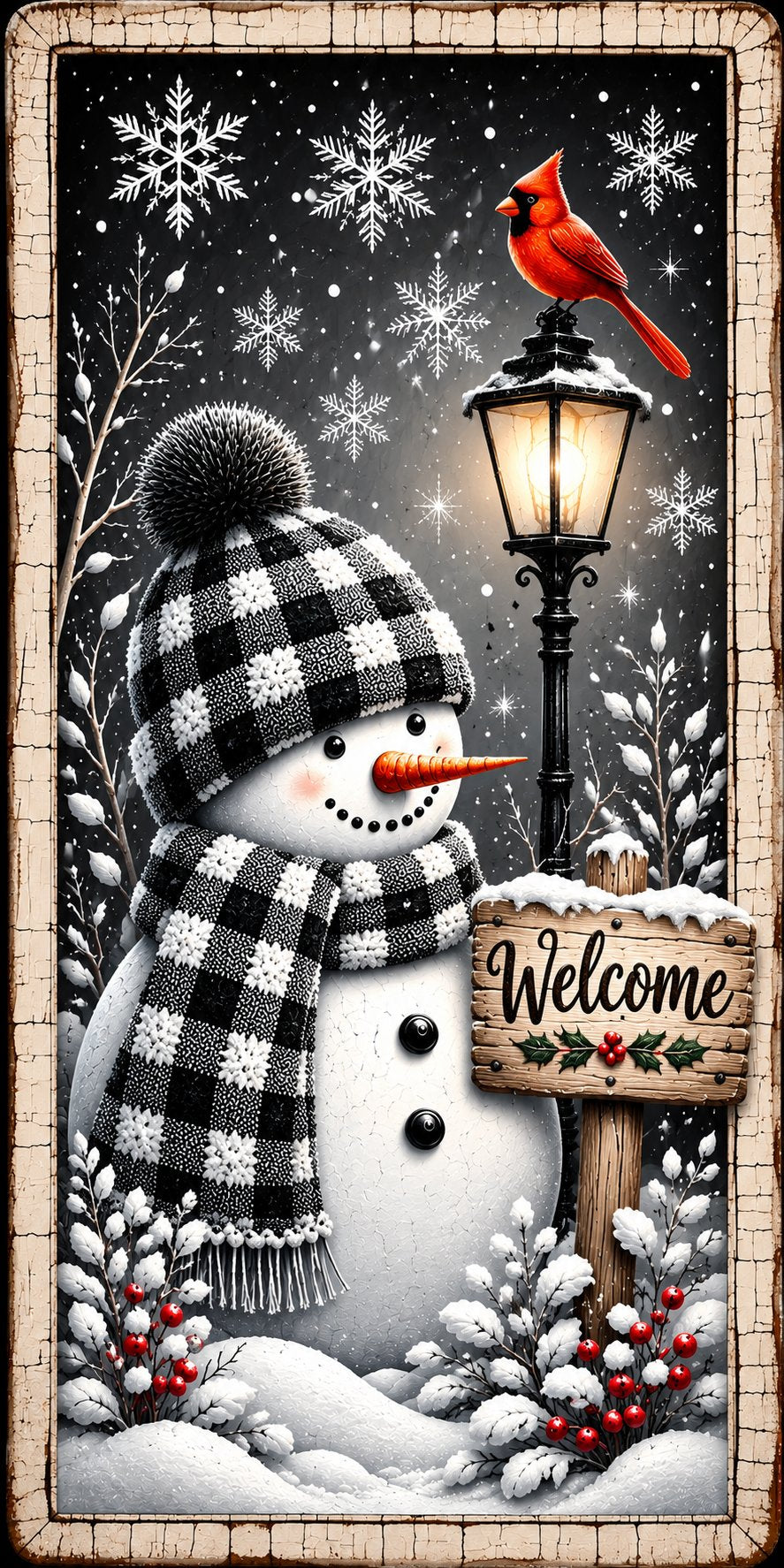 Welcome Snowman Cardinal Lamppost 6x12" Wood Wreath Sign - PS-W-0366