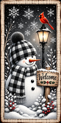 Thumbnail for Welcome Snowman Cardinal Lamppost 6x12" Wood Wreath Sign - PS-W-0366