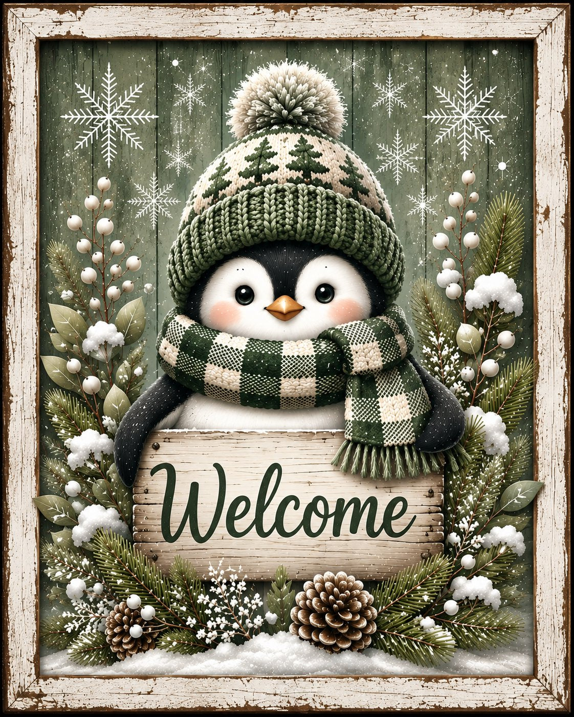Welcome Penguin Green Plaid 8x10" Wood Wreath Sign - PS-W-0367