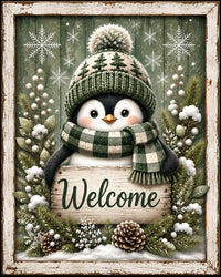 Thumbnail for Welcome Penguin Green Plaid 8x10" Wood Wreath Sign - PS-W-0367