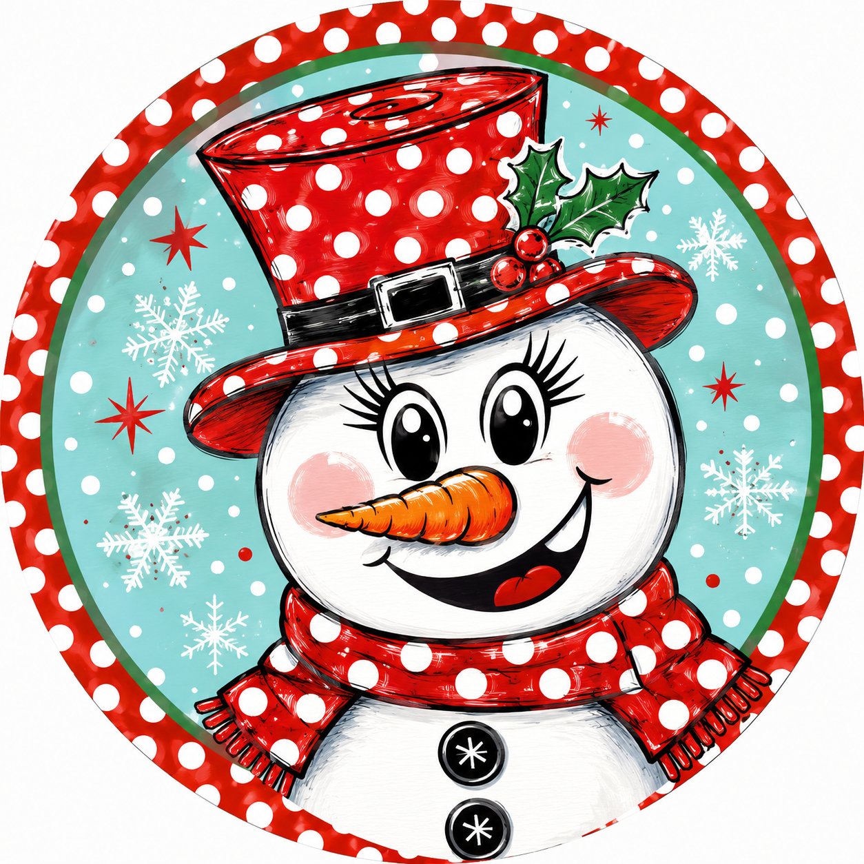Snowman Red Polka Dot Top Hat 10" Wood Wreath Sign - PS-W-0368