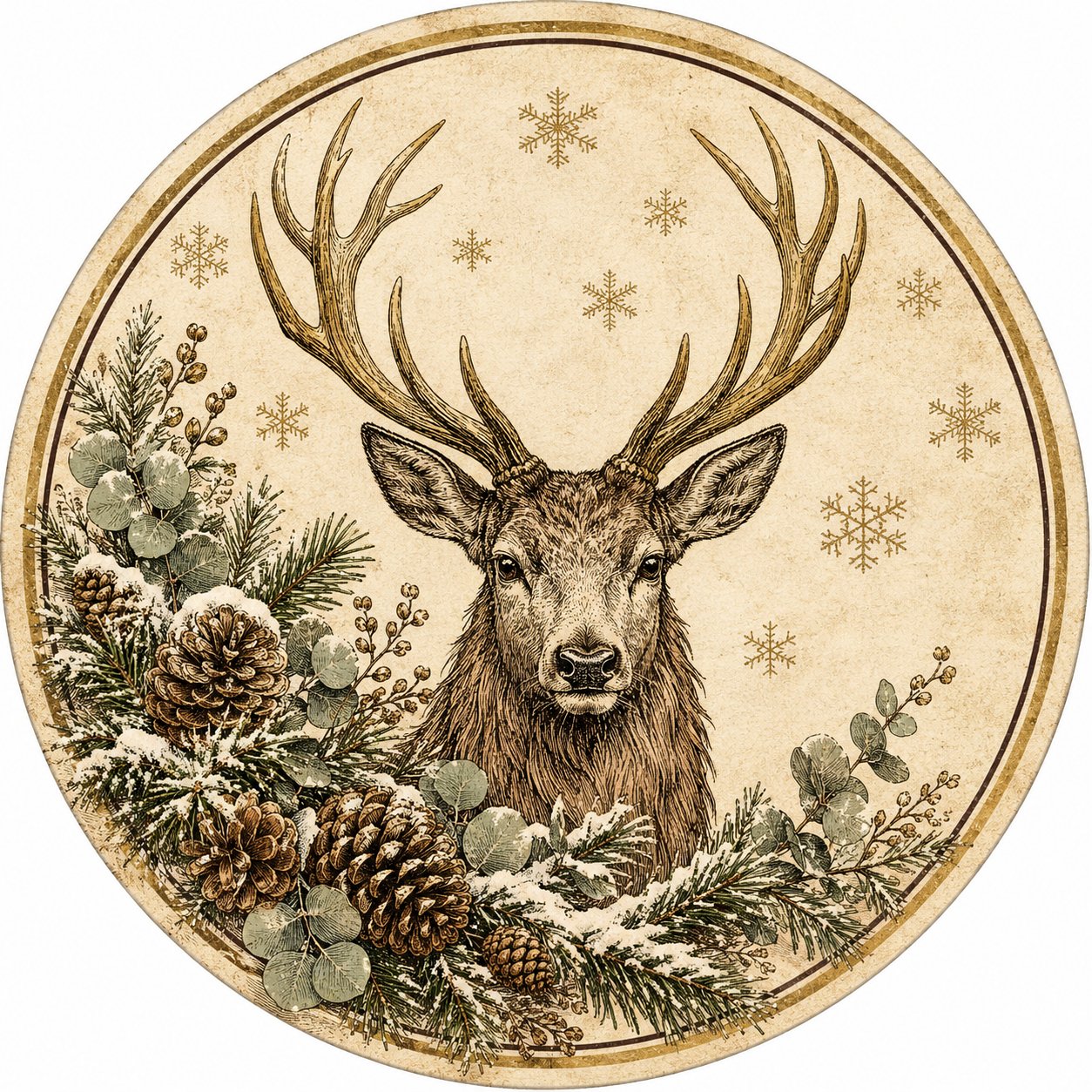 Vintage Stag Snowflakes Pinecone 10" Wood Wreath Sign - PS-W-0374