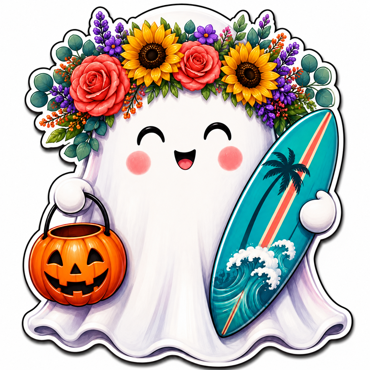 Summerween Ghost with Surfboard 12" Wood Wreath Sign - SCW-W-0002
