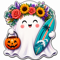 Thumbnail for Summerween Ghost with Surfboard 12" Wood Wreath Sign - SCW-W-0002