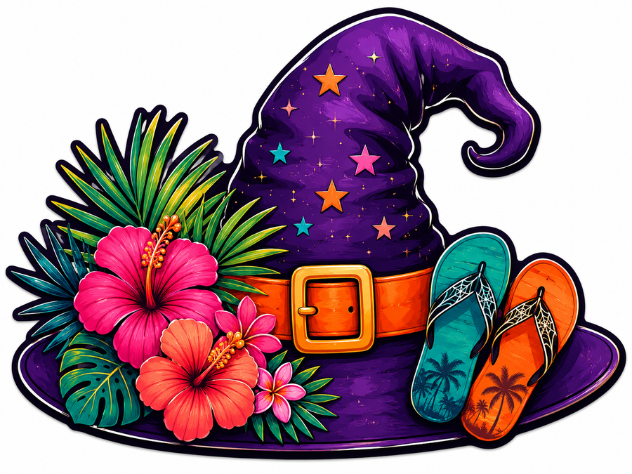 Tropical Witch Hat with Flip Flops 12" Wood Wreath Sign - SCW-W-0007
