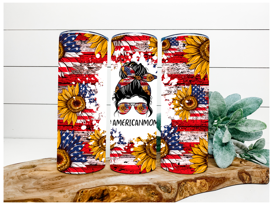 American Mom Sunflower Patriotic Tumbler, 20 oz Skinny Tumbler - DECOETUMBLER-129