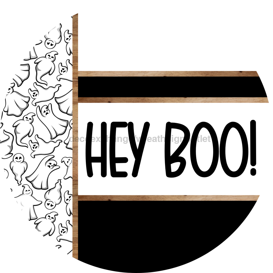 Black Ghost Door Hanger, Hey Boo Door Hanger, DCO-01936-DH, 18" Round Wood