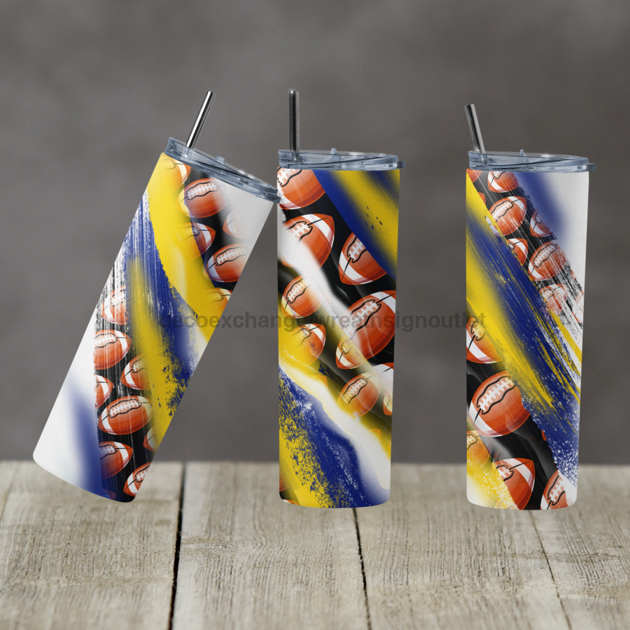 Blue and Yellow Football Tumbler, 20 oz Skinny Tumbler - DECOETUMBLER-328