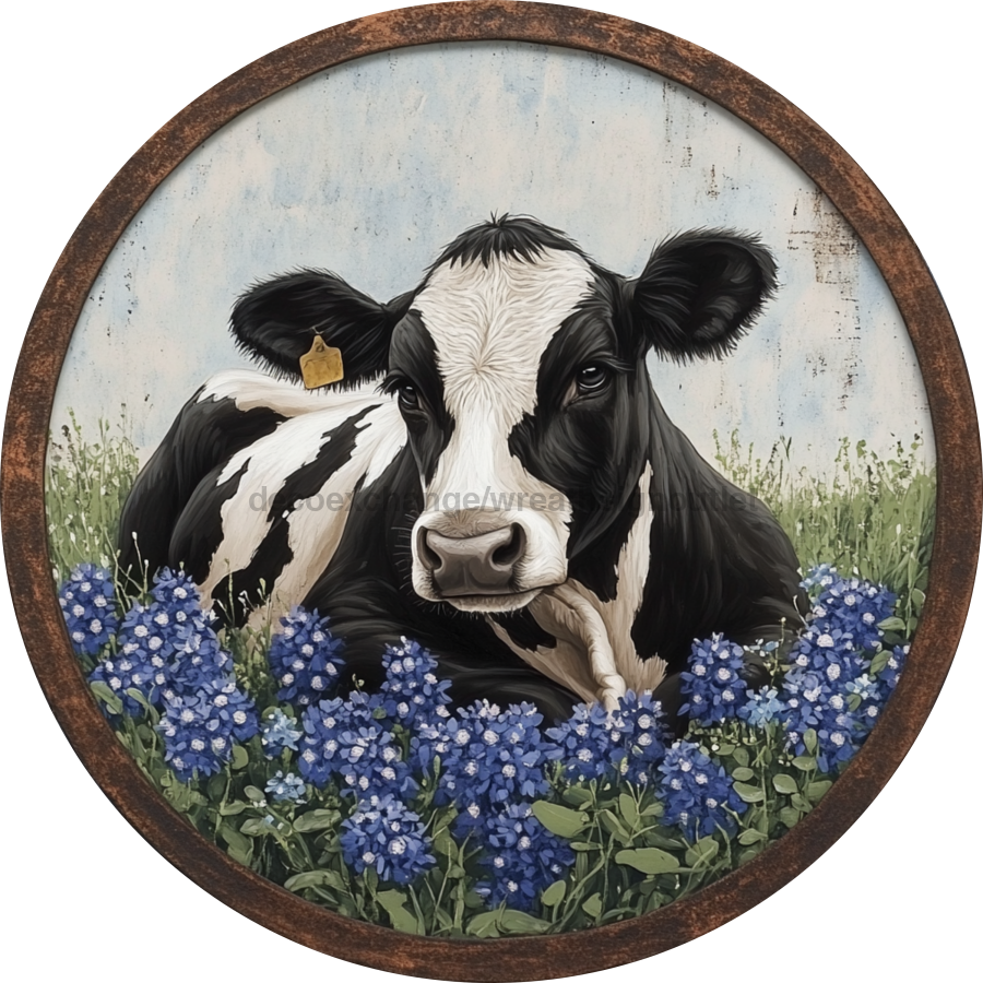 Blue Bonnets and Cow Sign, DECOE-5303-D, Sign For Wreath, 10" Wood Sign