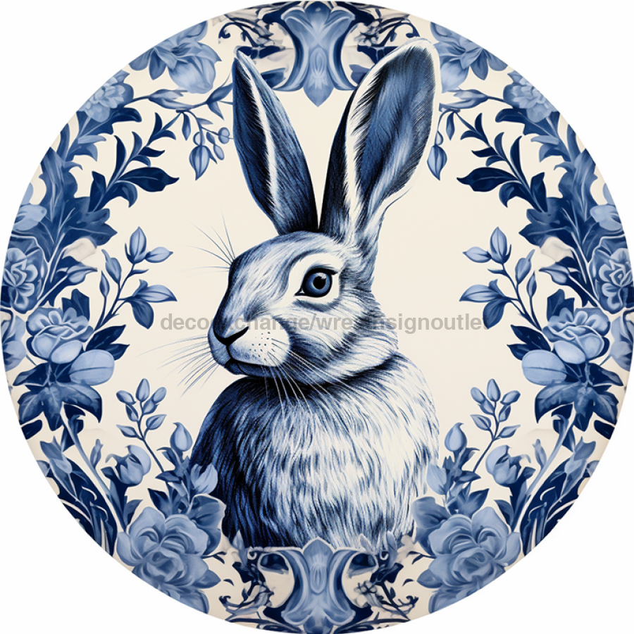 Blue Rabbit Door Hanger, DCO-00845-DH, Sign For Wreath, 18" Round Door Hanger - DecoExchange®