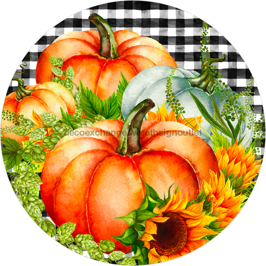 Wreath Sign, Buffalo Check Pumpkin, Fall Sign, 10" Round Metal Sign DECOE-751, Sign For Wreath, DecoExchange - DecoExchange