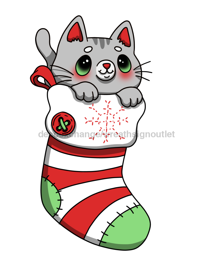 Christmas Cat in Stocking, wood sign, DECOE-W-904796-DH, 22" Door Hanger