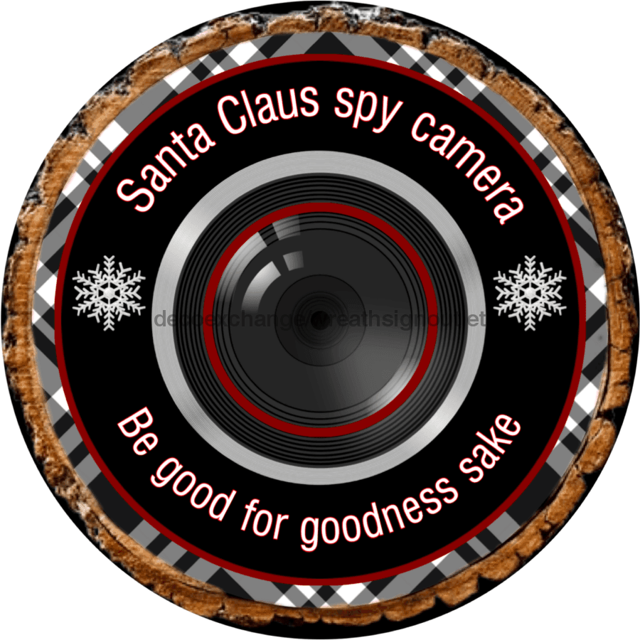 Wreath Sign, Christmas Sign, Black and White Santa Cam, 10" Round Metal Sign DECOE-839, Sign For Wreath, DecoExchange - DecoExchange