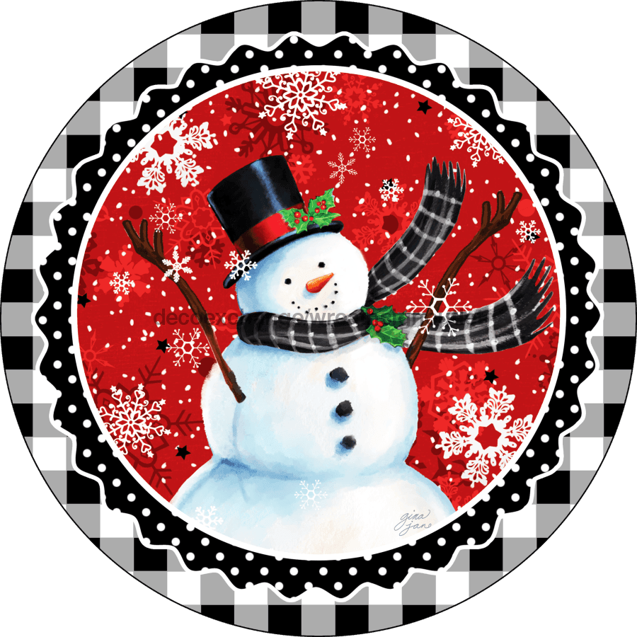 Wreath Sign, Christmas Sign, Happy Snowman, 10" Round, Metal Sign, DECOE-128, DecoExchange, Sign For Wreath - DecoExchange