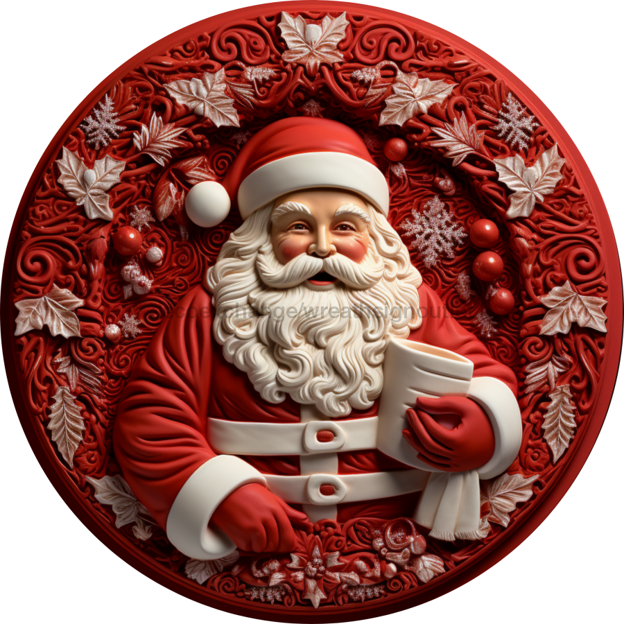 Christmas Sign Red Santa Pink Dco-00612 For Wreath 10 Round Wood