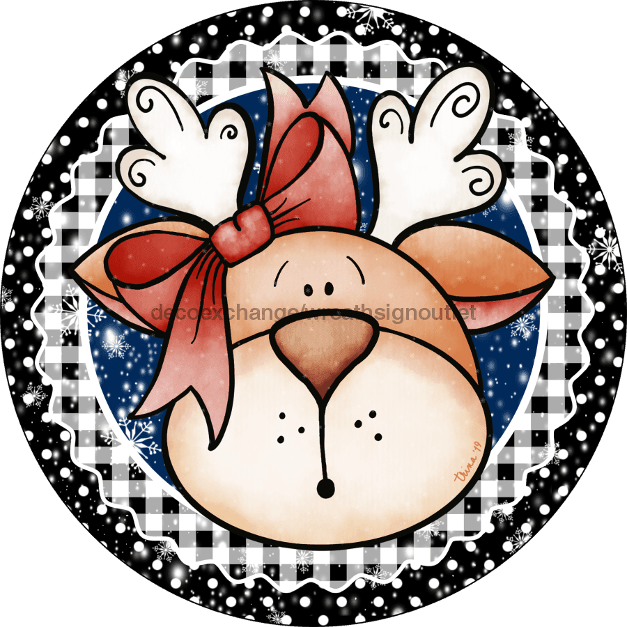 Wreath Sign, Christmas Sign, Reindeer, Black and White, 10" Round, Metal Sign, DECOE-118, DecoExchange, Sign For Wreath - DecoExchange