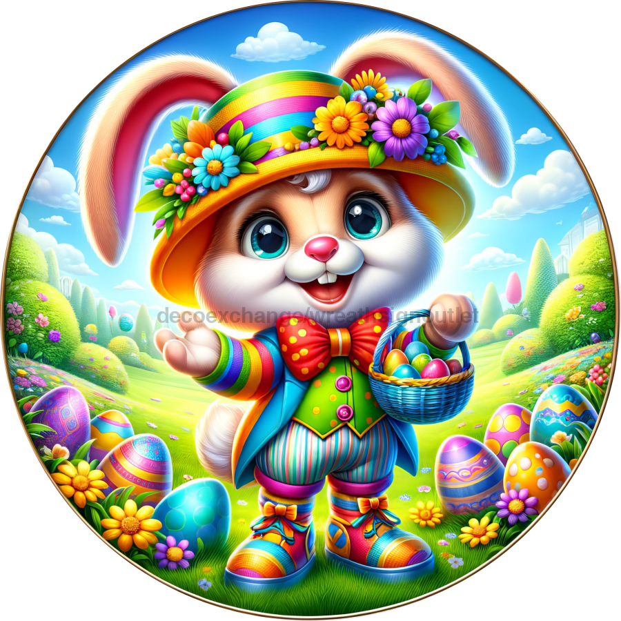 Colorful Easter Bunny 10" Metal Wreath Sign - DECOE-5176