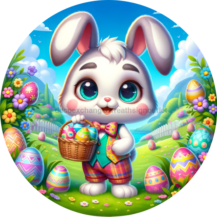 Colorful Easter Bunny 10" Metal Wreath Sign - DECOE-5177
