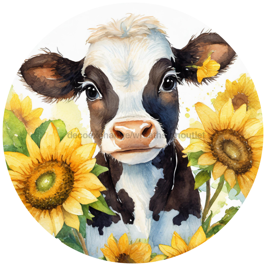 Cow Sunflower 10" Metal Wreath Sign - DECOE-5192