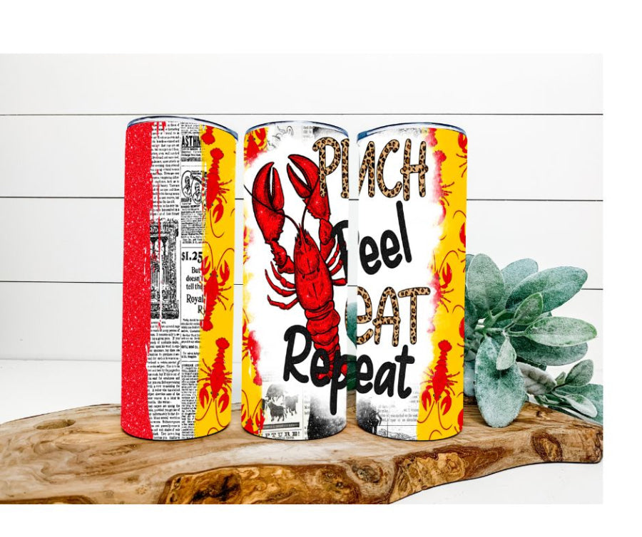 Crawfish Tumbler, Pinch, Peel, Eat, Repeat 20 oz Skinny Tumbler - DECOETUMBLER-016
