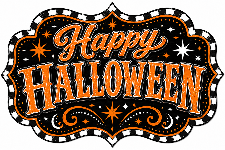 Happy Halloween Orange Check Marquee 12" Wood Wreath Sign - DBJ-W-0046