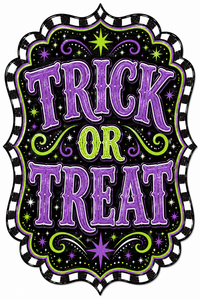 Thumbnail for Trick or Treat Purple Check Marquee 12" Wood Wreath Sign - DBJ-W-0044