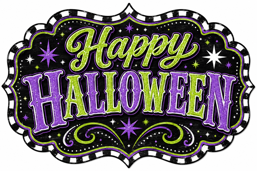 Happy Halloween Purple Check Marquee 12" Wood Wreath Sign - DBJ-W-0047