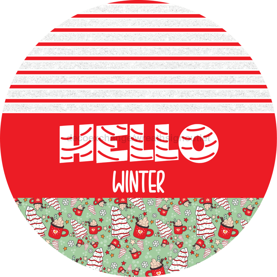 Door Hanger Christmas Sign Mint Cake Welcome 18 Wood Hello Winter Decoe-2204-Dh Round