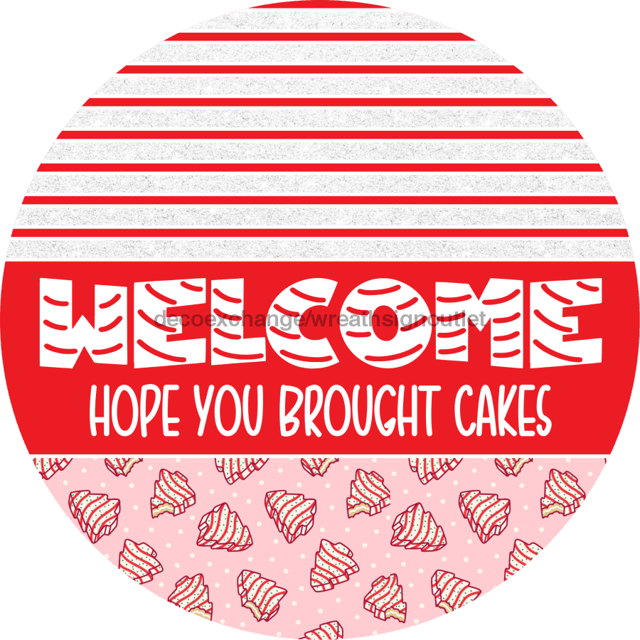 Door Hanger, Christmas Sign, Pink Christmas Cake Sign, Welcome Sign, 18" Wood Sign, Round Sign, DecoExchange - DecoExchange