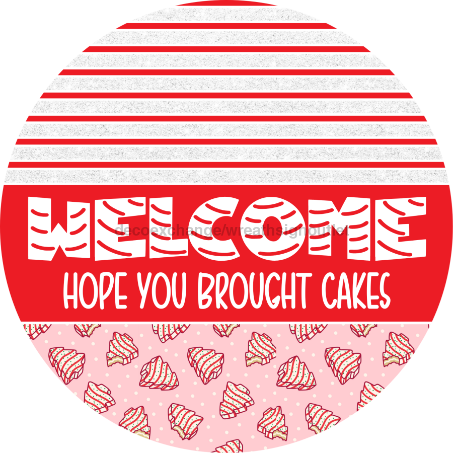 Door Hanger, Christmas Sign, Pink Christmas Cake Sign, Welcome Sign, 18" Wood Sign, Round Sign, DecoExchange - DecoExchange¬Æ