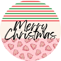 Thumbnail for Door Hanger Christmas Sign Pink Stripe Cake Welcome 18 Wood Merry Decoe-2303-Dh Round