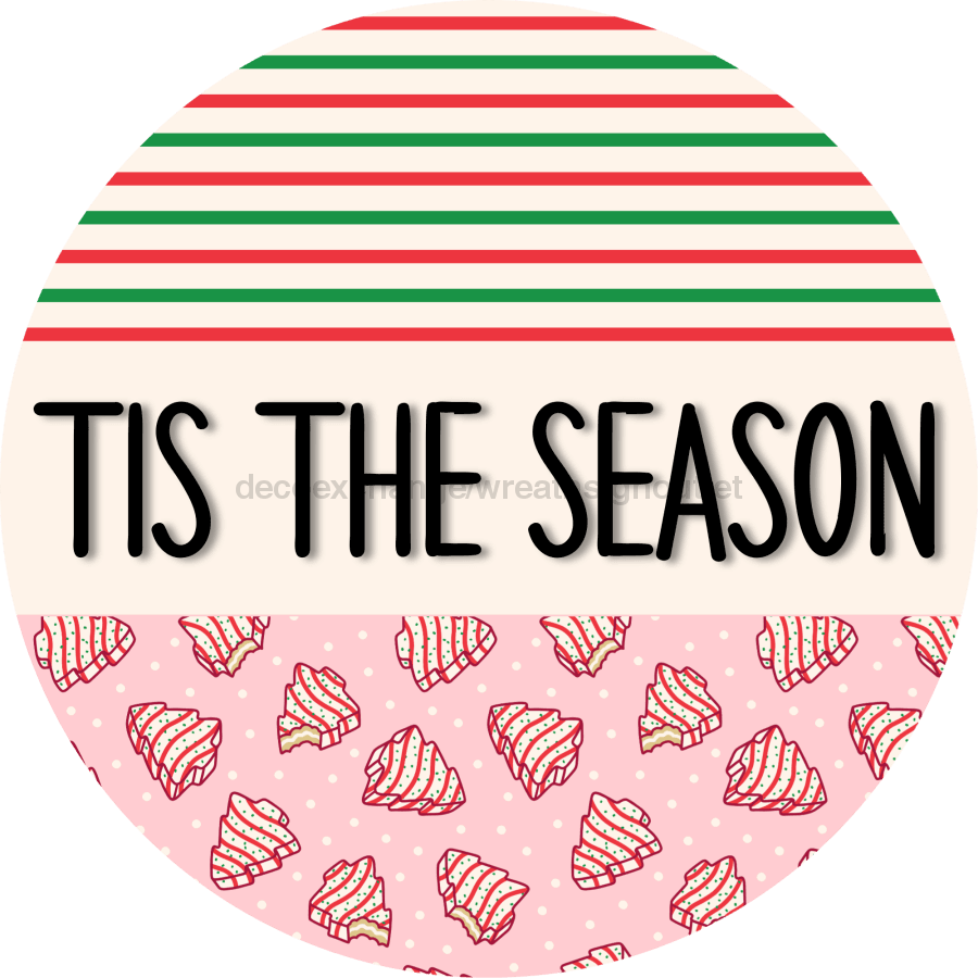 Door Hanger Christmas Sign Pink Stripe Cake Welcome 18 Wood Tis The Season Decoe-2302-Dh Round