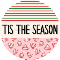 Thumbnail for Door Hanger Christmas Sign Pink Stripe Cake Welcome 18 Wood Tis The Season Decoe-2302-Dh Round