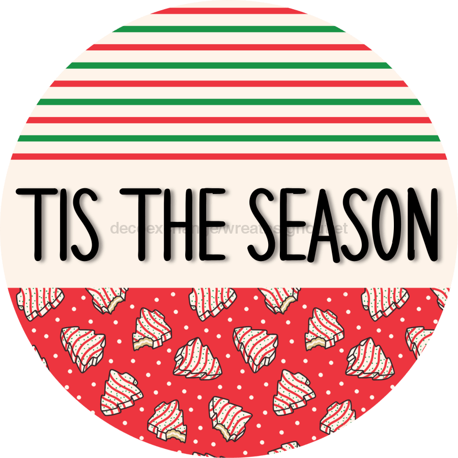 Door Hanger Christmas Sign Red Stripe Cake Welcome 18 Wood Tis The Season Decoe-2295-Dh Round