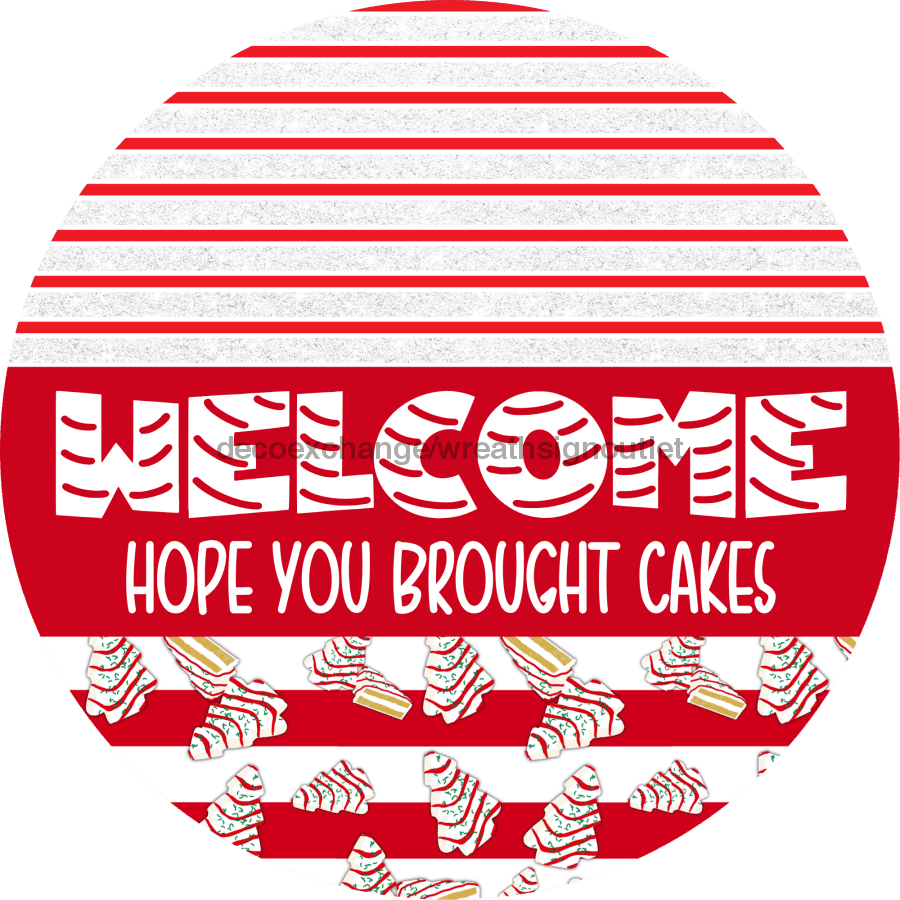 Door Hanger, Christmas Sign, Red White Christmas Cake Sign, Welcome Sign, 18" Wood Sign, Round Sign, DecoExchange - DecoExchange
