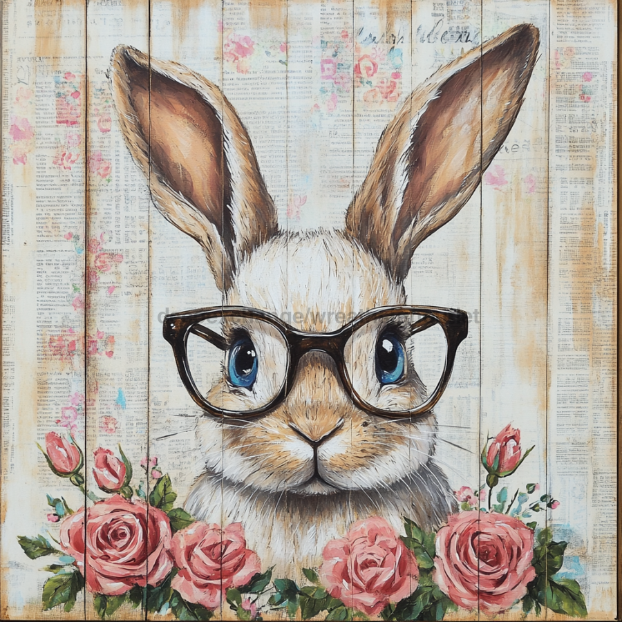 Easter Sign, Bunny in Glasses,, DCO-12651, Sign For Wreath, 10x10" Metal Sign