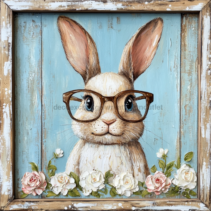 Easter Sign, Bunny in Glasses,, DCO-12658, Sign For Wreath, 10x10" Metal Sign